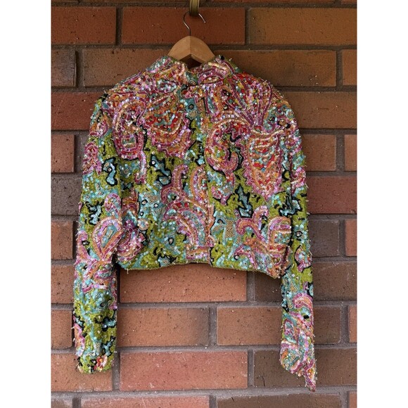Henri Bendel x Christyne‎ Forti Beaded Sequin Bolero Jacket Colorful Silk 10 NYE - Picture 2 of 15